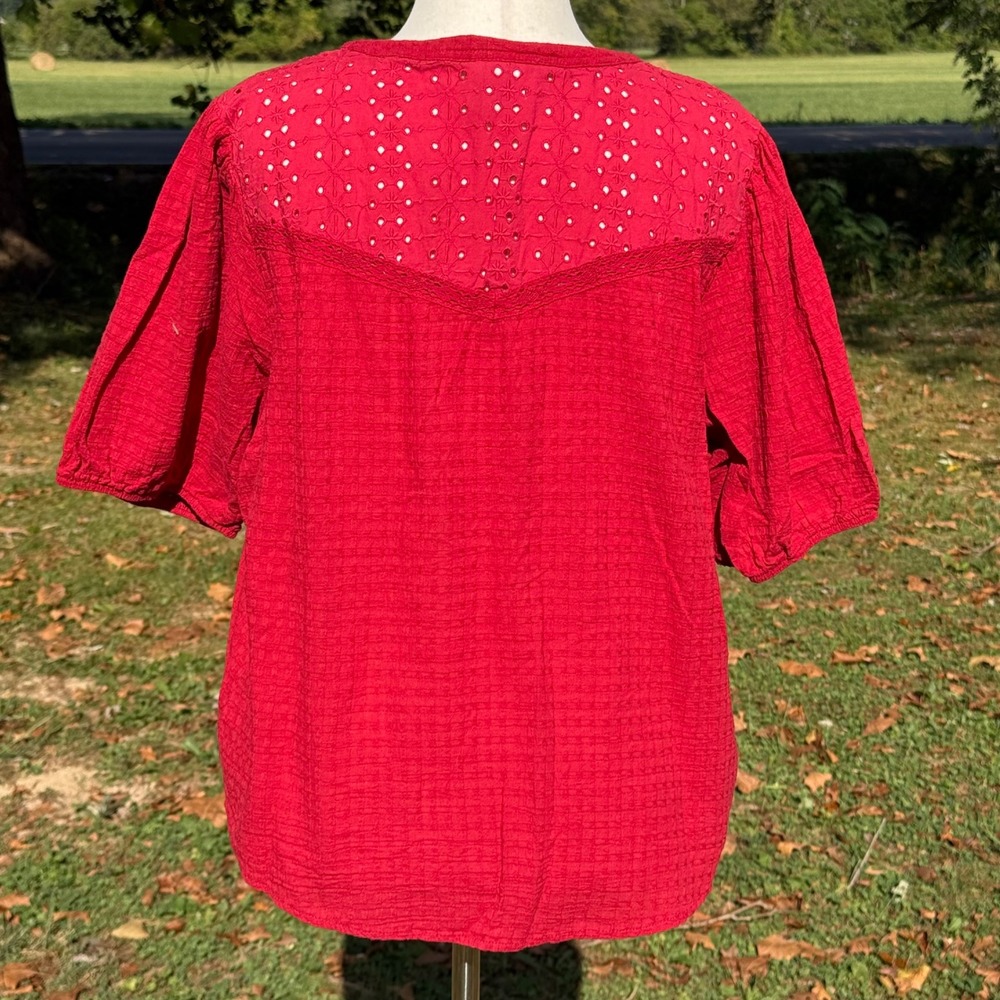 Knox Rose Red Eyelet Lace Yoke Button Front Gauze Blouse XXL Short Sleeve Boho - Picture 2 of 7